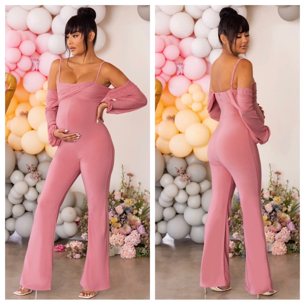 Club L London baby baby rose pink maternity ruched Bardot jumpsuit